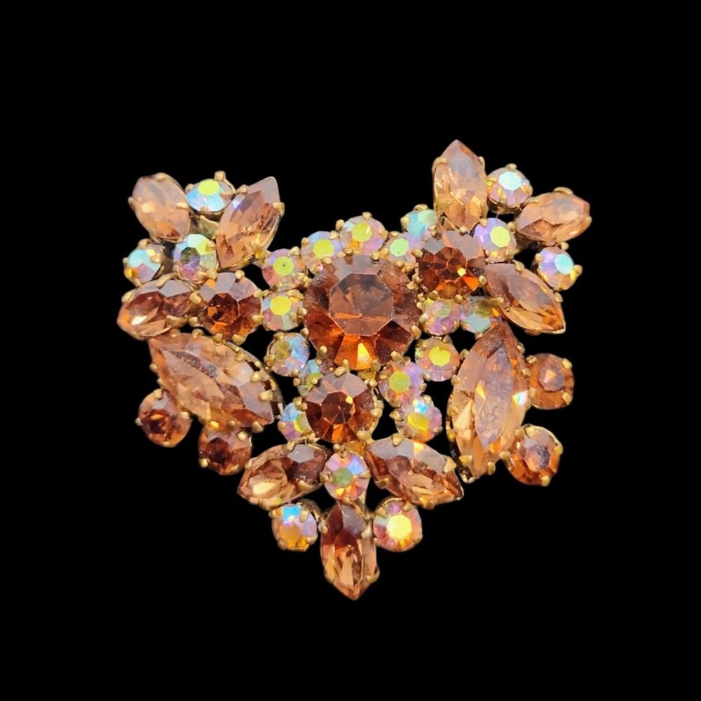 Vintage Austria Topaz Navette Rhinestone AB Heart Shaped Brooch
